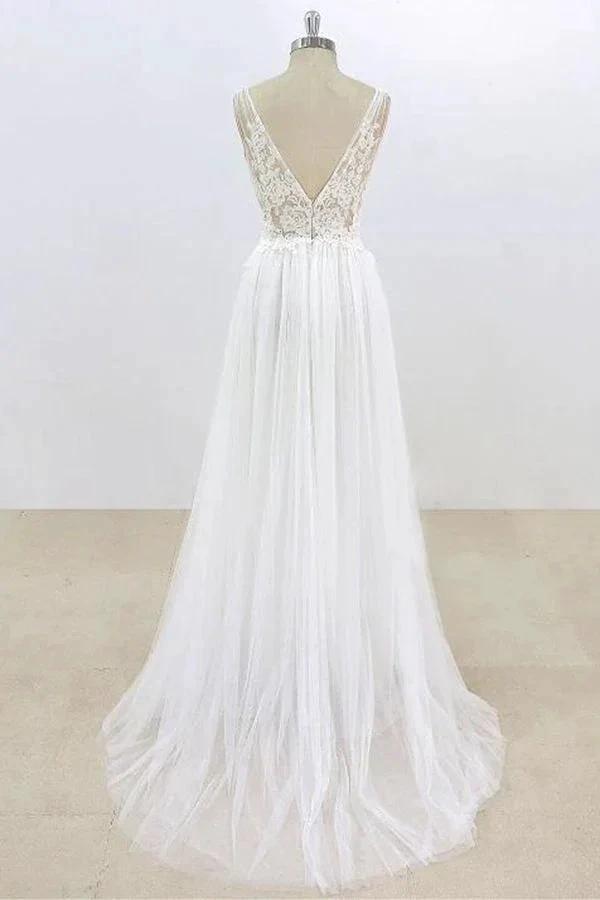 Long A-line V-neck Lace Tulle Open Back Wedding Dress by BIZTUNNEL