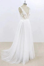 Long A-line V-neck Lace Tulle Open Back Wedding Dress by BIZTUNNEL