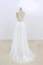Long A-line V-neck Lace Tulle Open Back Wedding Dress by BIZTUNNEL