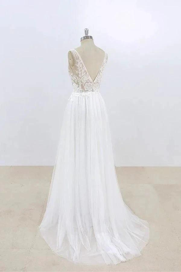 Long A-line V-neck Lace Tulle Open Back Wedding Dress by BIZTUNNEL