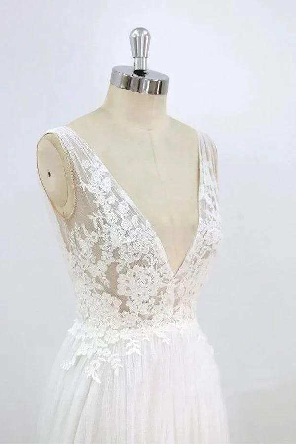 Long A-line V-neck Lace Tulle Open Back Wedding Dress by BIZTUNNEL