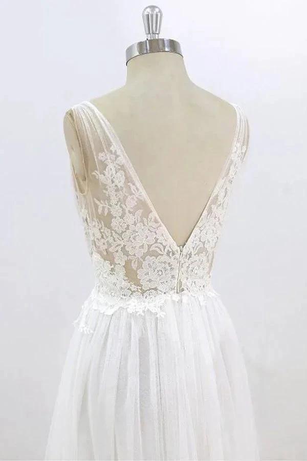 Long A-line V-neck Lace Tulle Open Back Wedding Dress by BIZTUNNEL