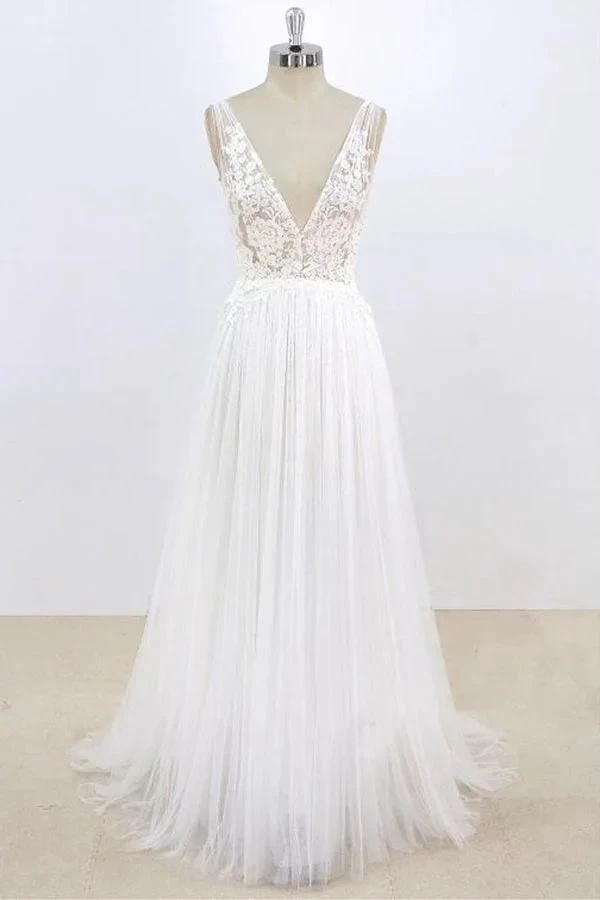 Long A-line V-neck Lace Tulle Open Back Wedding Dress by BIZTUNNEL