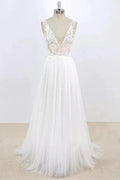 Long A-line V-neck Lace Tulle Open Back Wedding Dress by BIZTUNNEL