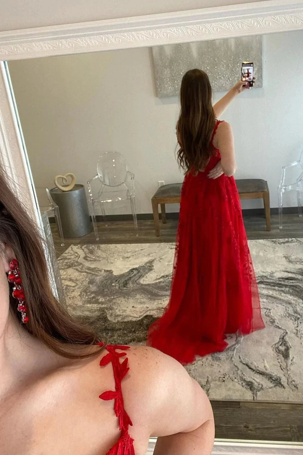 Long A Line V Neck Lace Tulle Prom Dresses with Slit Red Formal Graduation Evening Dresses by BIZTUNNEL