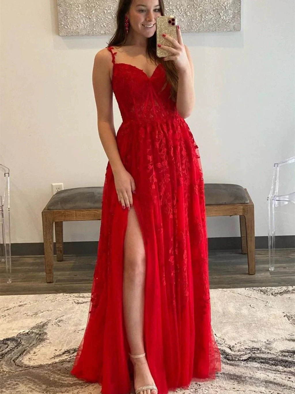 Long A Line V Neck Lace Tulle Prom Dresses with Slit Red Formal Graduation Evening Dresses by BIZTUNNEL