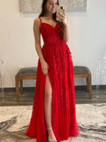 Long A Line V Neck Lace Tulle Prom Dresses with Slit Red Formal Graduation Evening Dresses by BIZTUNNEL
