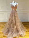 Long A-line V-neck Lace Tulle Prom Formal Graduation Evening Dresses by BIZTUNNEL