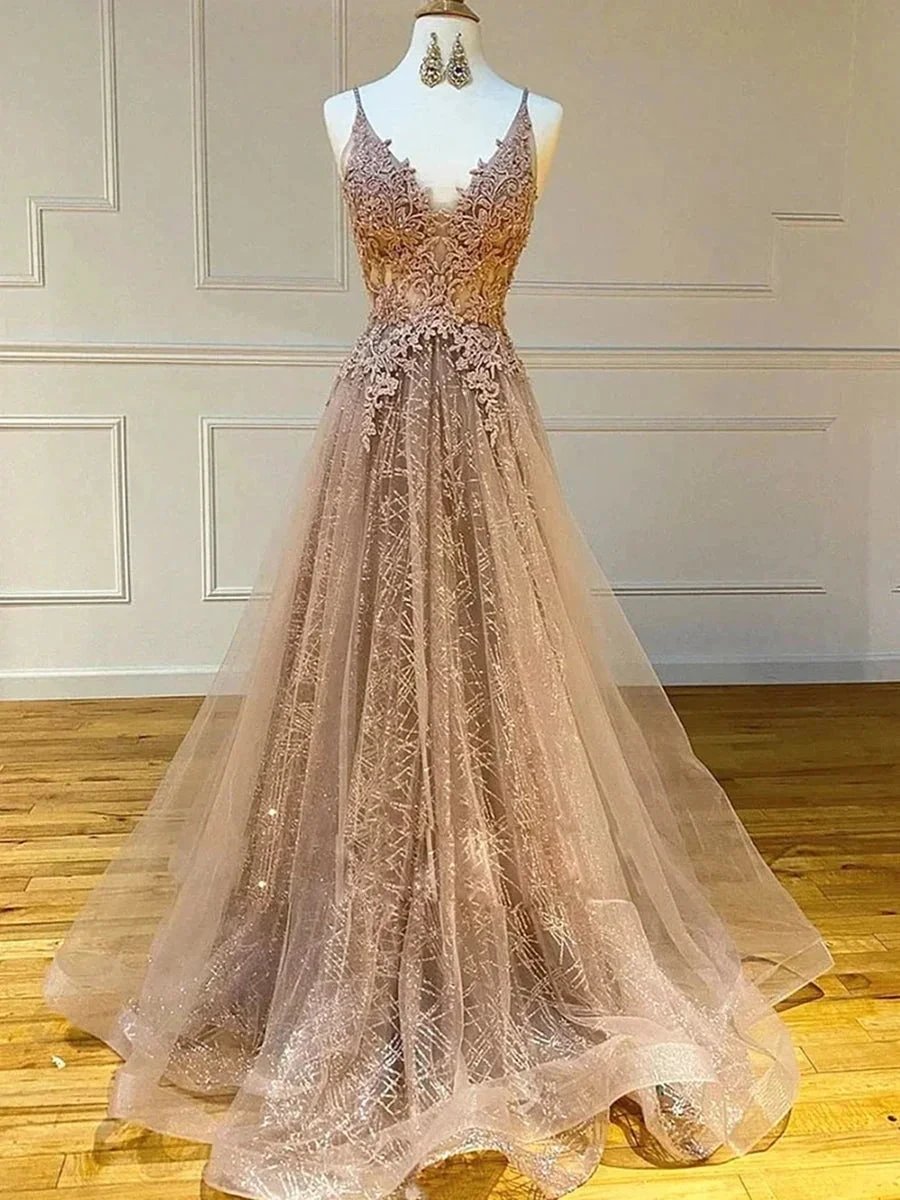 Long A-line V-neck Lace Tulle Prom Formal Graduation Evening Dresses by BIZTUNNEL