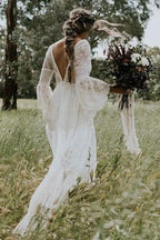 Long A-line V-neck Lace Tulle Wedding Dress with Sleeves by BIZTUNNEL