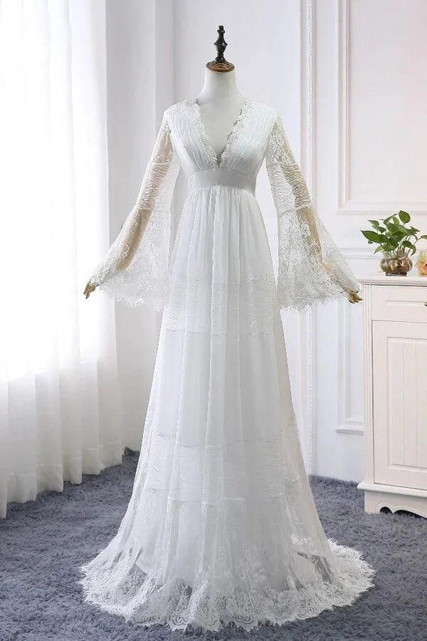 Long A-line V-neck Lace Tulle Wedding Dress with Sleeves by BIZTUNNEL