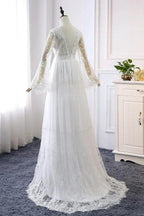 Long A-line V-neck Lace Tulle Wedding Dress with Sleeves by BIZTUNNEL