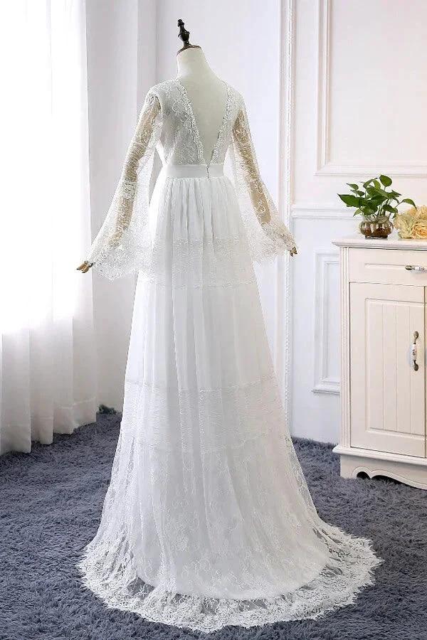 Long A-line V-neck Lace Tulle Wedding Dress with Sleeves by BIZTUNNEL