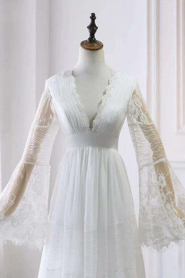 Long A-line V-neck Lace Tulle Wedding Dress with Sleeves by BIZTUNNEL