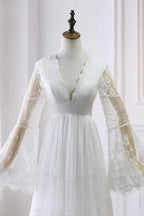 Long A-line V-neck Lace Tulle Wedding Dress with Sleeves by BIZTUNNEL