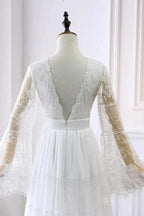 Long A-line V-neck Lace Tulle Wedding Dress with Sleeves by BIZTUNNEL