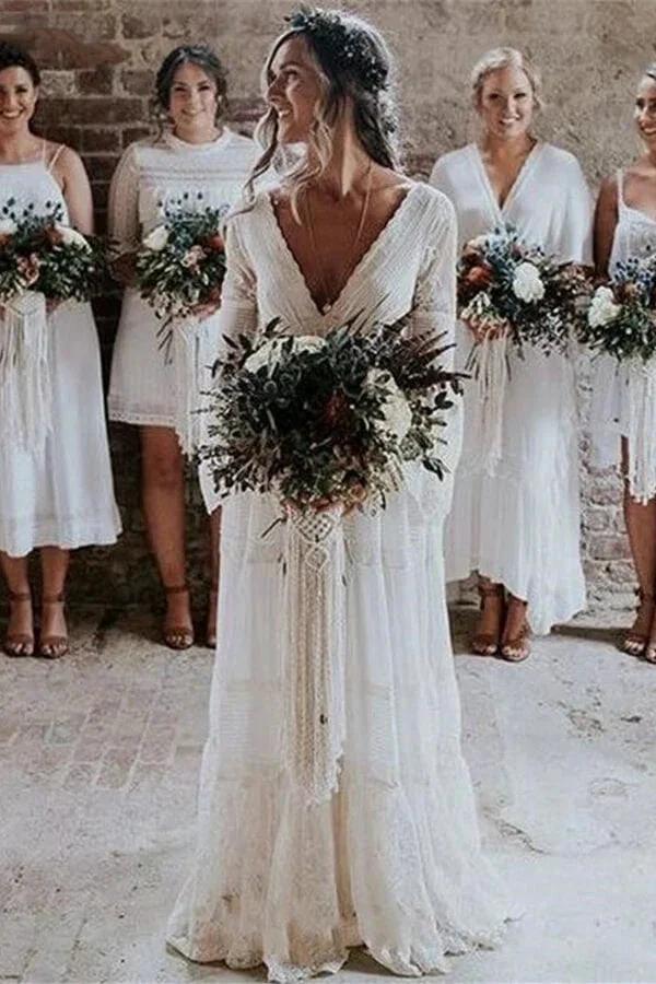 Long A-line V-neck Lace Tulle Wedding Dress with Sleeves by BIZTUNNEL