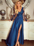 Long A Line V Neck Long Sleeves Lace Formal Prom Dresses with Side Slit by BIZTUNNEL