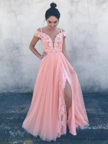 Vestido de noche formal de fiesta con abertura, largo, corte A, escote en V, hombros descubiertos, tul, encaje floral