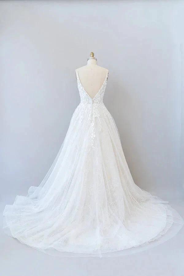 Long A-line V-neck Open Back Appliques Lace Tulle Wedding Dress by BIZTUNNEL
