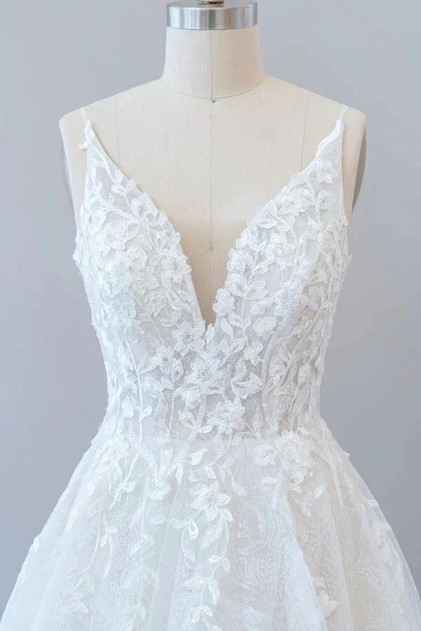 Long A-line V-neck Open Back Appliques Lace Tulle Wedding Dress by BIZTUNNEL