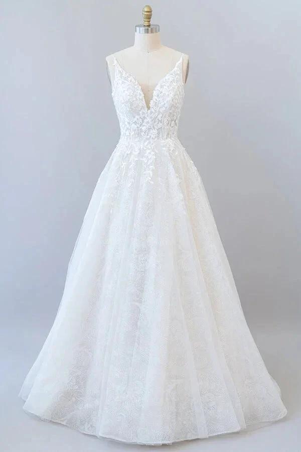 Long A-line V-neck Open Back Appliques Lace Tulle Wedding Dress by BIZTUNNEL