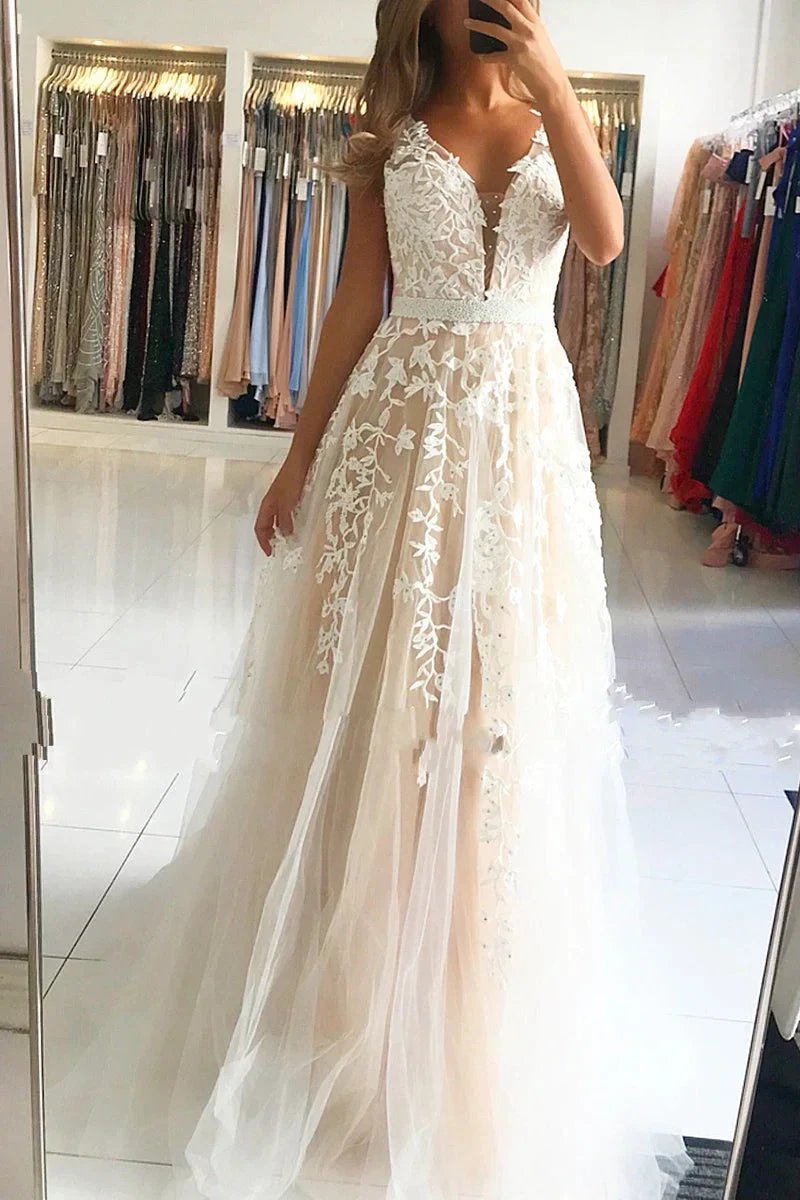 Long A-Line V-neck Open Back Lace Tulle Prom Dress by BIZTUNNEL