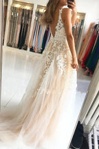 Long A-Line V-neck Open Back Lace Tulle Prom Dress by BIZTUNNEL