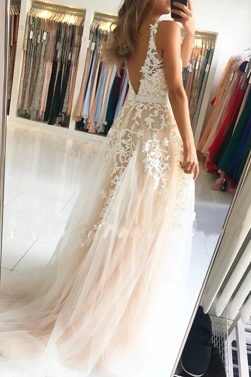 Long A-Line V-neck Open Back Lace Tulle Prom Dress by BIZTUNNEL