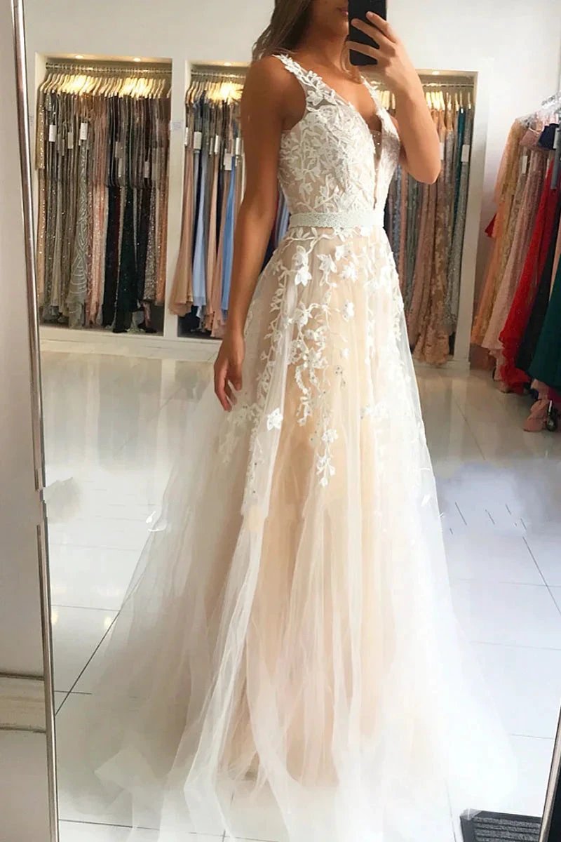 Long A-Line V-neck Open Back Lace Tulle Prom Dress by BIZTUNNEL