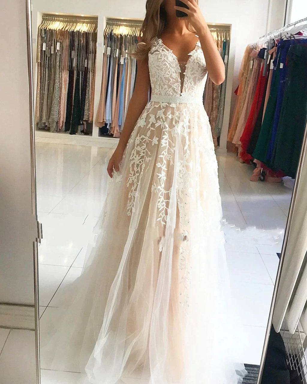Long A-Line V-neck Open Back Lace Tulle Prom Dress by BIZTUNNEL