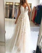 Long A-Line V-neck Open Back Lace Tulle Prom Dress by BIZTUNNEL