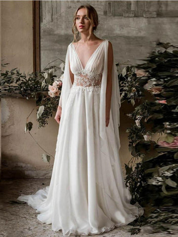 Long A-Line V-Neck Ruffles Chiffon Wedding Dresses