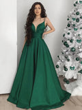 Long A-line V-neck Satin Backless Formal Evening Prom Dresses by BIZTUNNEL