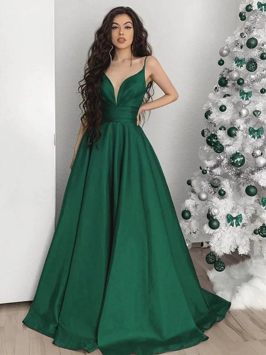 Long A-line V-neck Satin Backless Formal Evening Prom Dresses by BIZTUNNEL