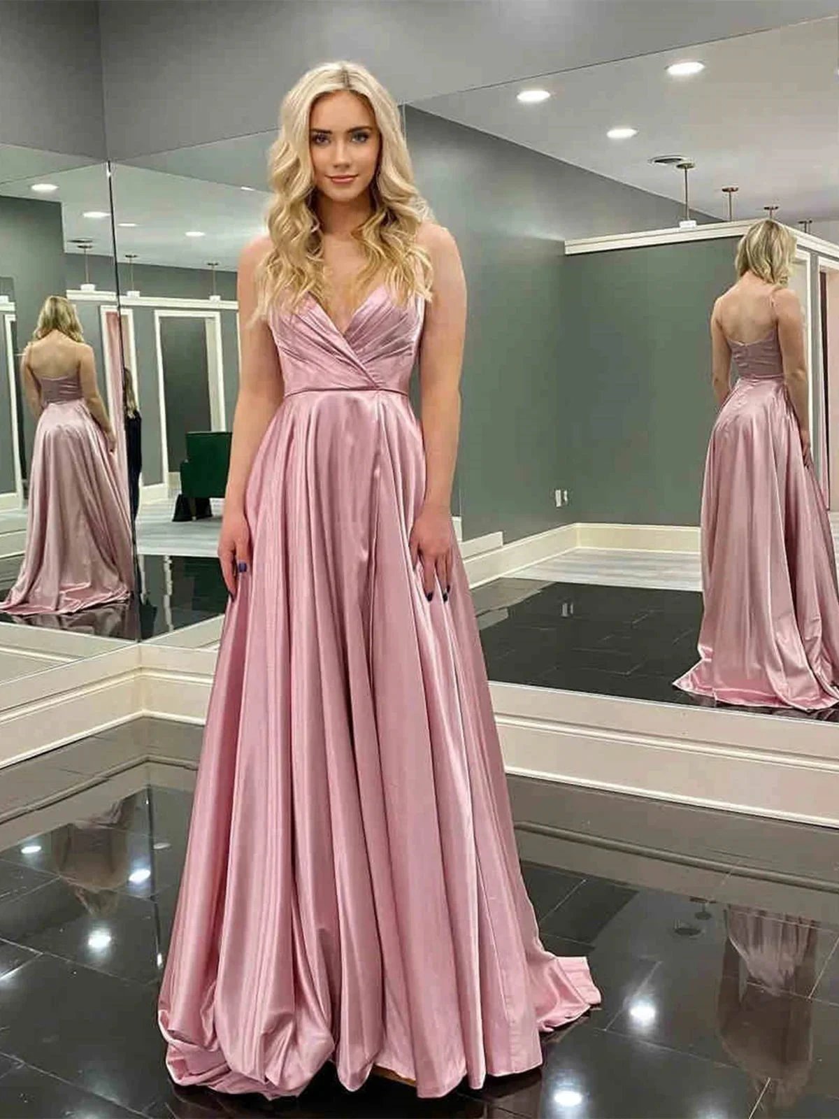 Long A-line V-neck Satin Backless Prom Dress with Slit Pink Formal Graduation Evening Dresses by BIZTUNNEL