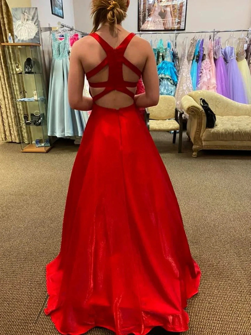 Long A Line V Neck Satin Backless Prom Dresses with Pockets Red Formal Graduation Evening Dresses by BIZTUNNEL