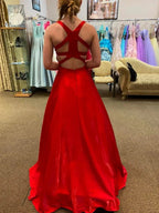 Long A Line V Neck Satin Backless Prom Dresses with Pockets Red Formal Graduation Evening Dresses by BIZTUNNEL