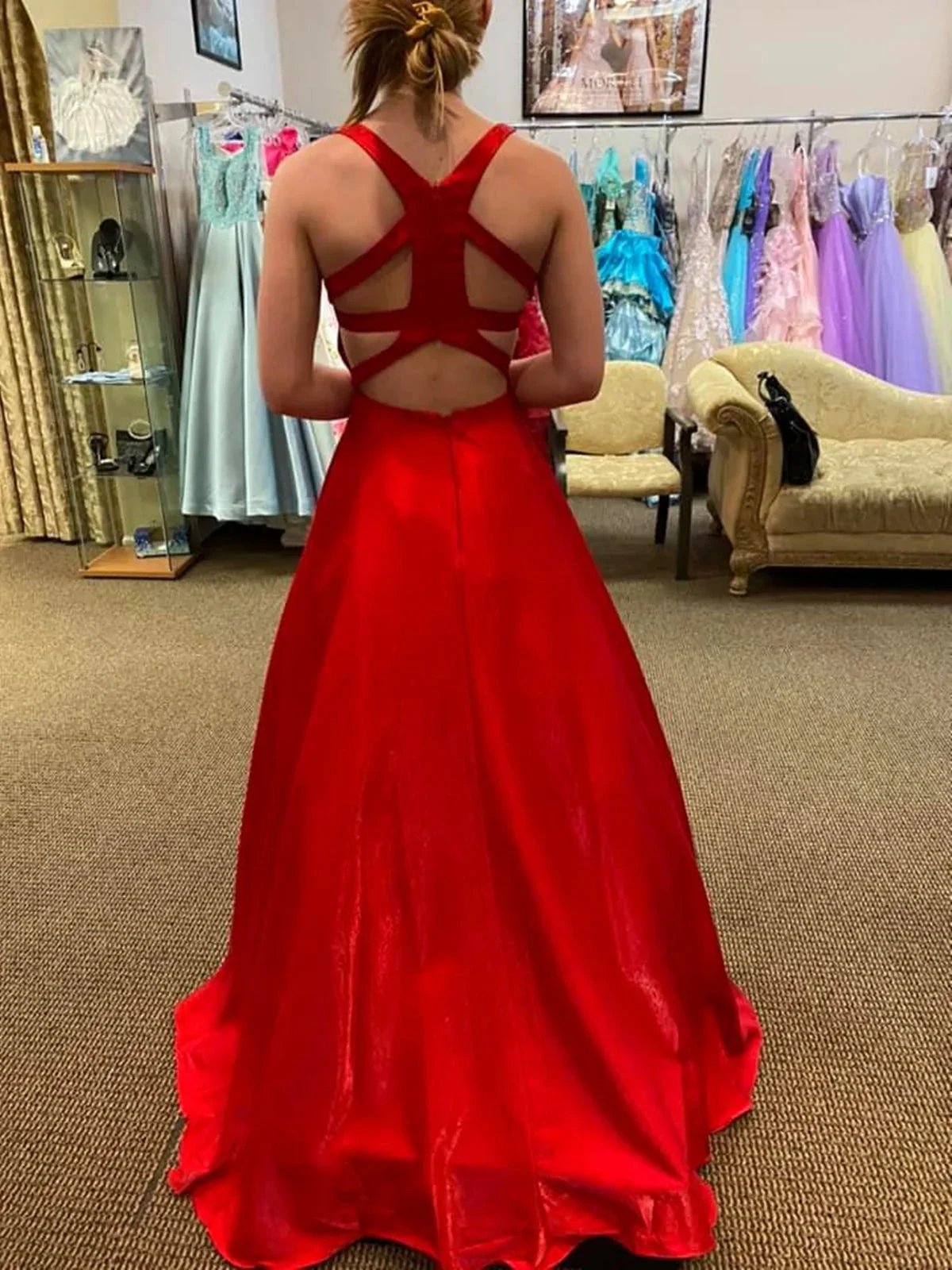 Long A Line V Neck Satin Backless Prom Dresses with Pockets Red Formal Graduation Evening Dresses by BIZTUNNEL