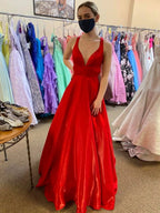Long A Line V Neck Satin Backless Prom Dresses with Pockets Red Formal Graduation Evening Dresses by BIZTUNNEL