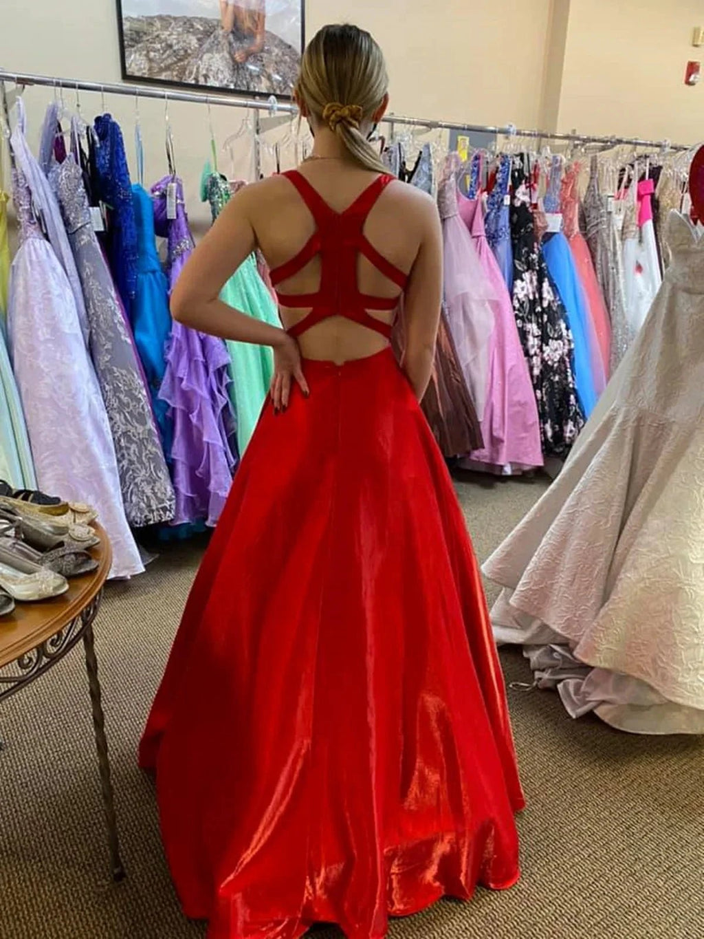 Long A Line V Neck Satin Backless Prom Dresses with Pockets Red Formal Graduation Evening Dresses by BIZTUNNEL
