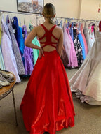 Long A Line V Neck Satin Backless Prom Dresses with Pockets Red Formal Graduation Evening Dresses by BIZTUNNEL