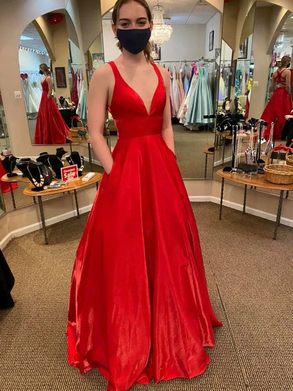 Long A Line V Neck Satin Backless Prom Dresses with Pockets Red Formal Graduation Evening Dresses by BIZTUNNEL