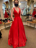 Long A Line V Neck Satin Backless Prom Dresses with Pockets Red Formal Graduation Evening Dresses by BIZTUNNEL