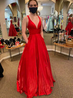 Long A Line V Neck Satin Backless Prom Dresses with Pockets Red Formal Graduation Evening Dresses by BIZTUNNEL