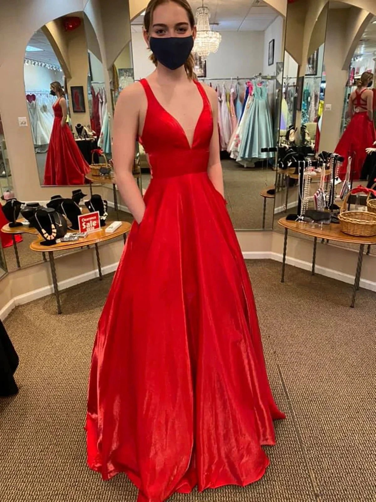 Long A Line V Neck Satin Backless Prom Dresses with Pockets Red Formal Graduation Evening Dresses by BIZTUNNEL