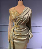 Long A-line V-neck Satin Beads Mermaid Formal Dress with Sleeves by BIZTUNNEL