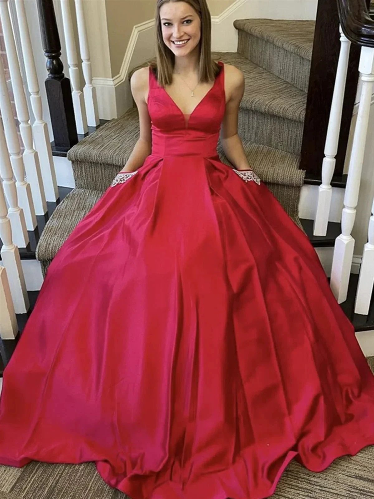 Long A Line V Neck Satin Formal Graduation Prom Dresses with Pockets by BIZTUNNEL
