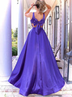 Long A Line V Neck Satin Prom Dress with Pockets Purple Formal Graduation Evening Dresses by BIZTUNNEL