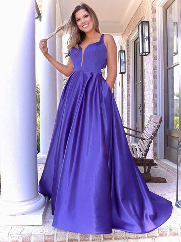 Vestido de fiesta largo de satén con escote en V y bolsillos, color morado, para graduación.